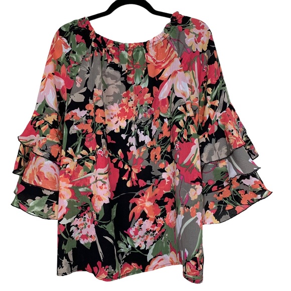 Ronnie Salloway Bright Floral Layered Cropped Bell Sleeve Blouse Top Large - Picture 4 of 7